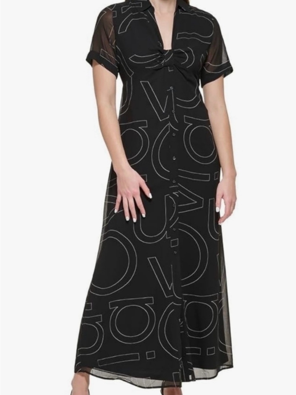 Calvin Klein Black Chiffon Maxi Dress with Graphic Logo Outline